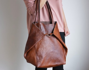 Cognac BROWN OVERSIZE SHOPPER Bag - Large Leather Tote Bag - Chestnut Brown Shoulder Bag - Shopping Bag - Oversized Tote - Everyday Purse