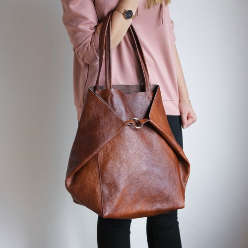 Large COGNAC LEATHER TOTE Bag Weekender Oversized Bag - Etsy