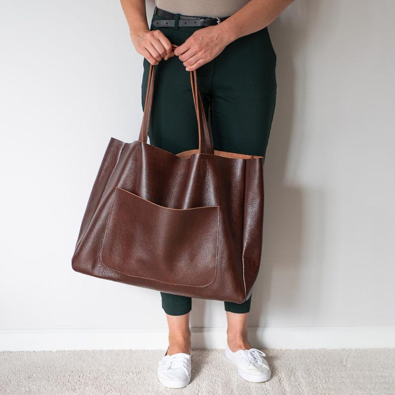 Borsa tote oversize in pelle marrone, borsa per la spesa, borsetta in pelle, borsa a tracolla grande, borsa tote in pelle per tutti i giorni, borsa tote extra large, marrone cognac immagine 7
