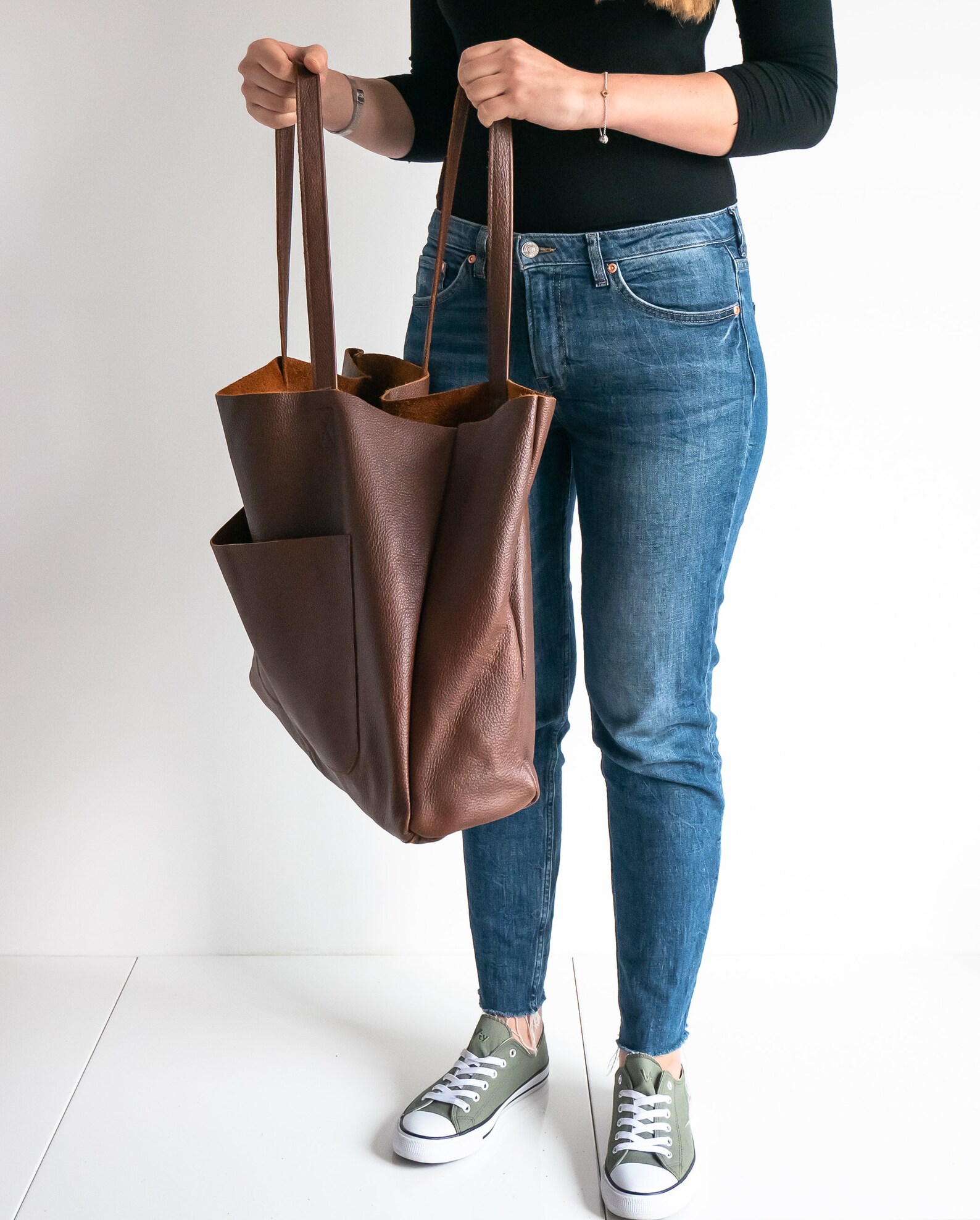 Brown OVERSIZE Leather TOTE Bag Shopping Bag Leather Purse Etsy