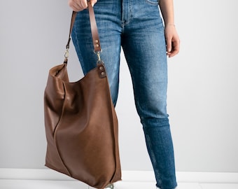 Oversized BROWN Leather HOBO Bag, Large Shopper Bag - Dark Brown Bag - Large Purse - Matt Brown Leather Handbag - Everyday bag for women