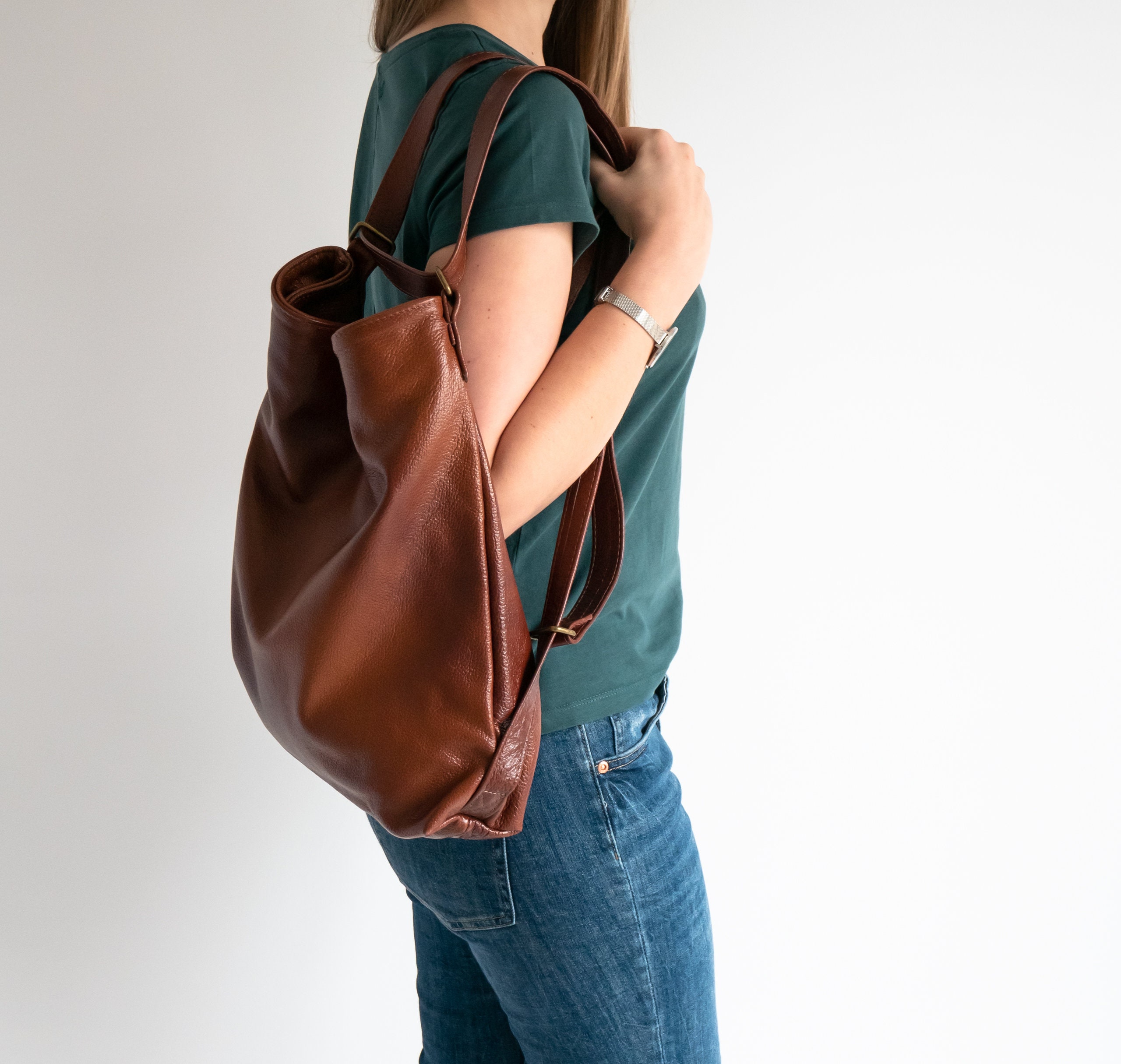 Cognac Minimalist Designer Convertible Shoulder Bag, Hobo, Backpack CONVERTIBLE Cognac Backpack, Brown Shoulder Bag, Distressed  main image 3