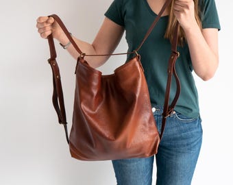 CONVERTIBLE Backpack, Chestnut Brown Shoulder Bag, Cognac Leather BACKPACK, Leather Hobo, Crossbody Leather Purse, Laptop Bag, Carryall