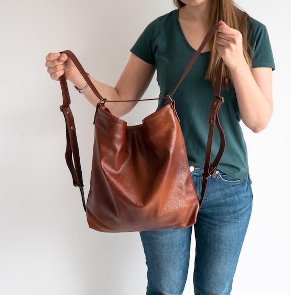 HOBO Brown Leather Backpack with Slouchy Design Italian Leather Slouchy Mini Backpack - Cognac | Bayside84  main image 2