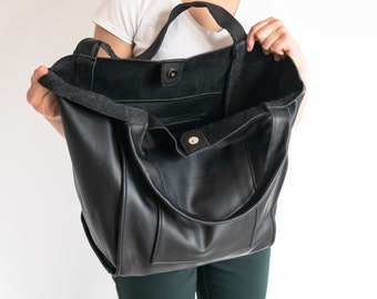 ZWART LEDEREN Tote Bag, Slouchy BLACK Tote, Weekender Oversize Bag, Grote handtas voor dames, EveryDay Shopper, Leren Portemonnee, Zwarte Hobo