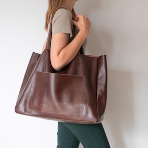 Borsa tote oversize in pelle marrone, borsa per la spesa, borsetta in pelle, borsa a tracolla grande, borsa tote in pelle per tutti i giorni, borsa tote extra large, marrone cognac immagine 4