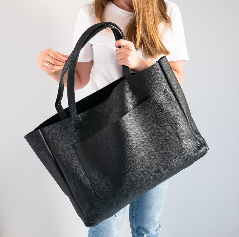 BLACK OVERSIZE Leather TOTE Bag Shopping Bag Leather Purse - Etsy