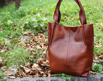 BROWN LEATHER TOTE Bag, Large Handbag, Leather Shopper Bag, Large Tote Bag, Shoulder Bag, Leather Purse, Cognac Brown Leather Tote