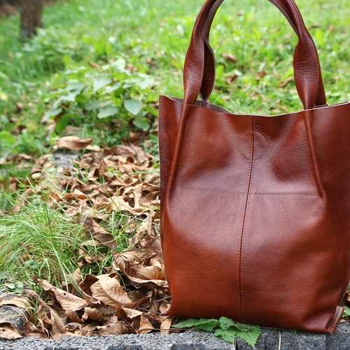 Cognac BROWN LEATHER SHOULDER Bag Leather Shopper Bag Large Etsy