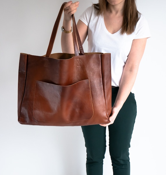 Large BROWN OVERSIZE Tote Bag Cognac Leather SHOPPER Bag 