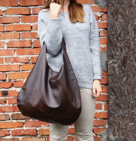 BROWN Oversize Shoulder Bag LEATHER HOBO Bag Everyday 