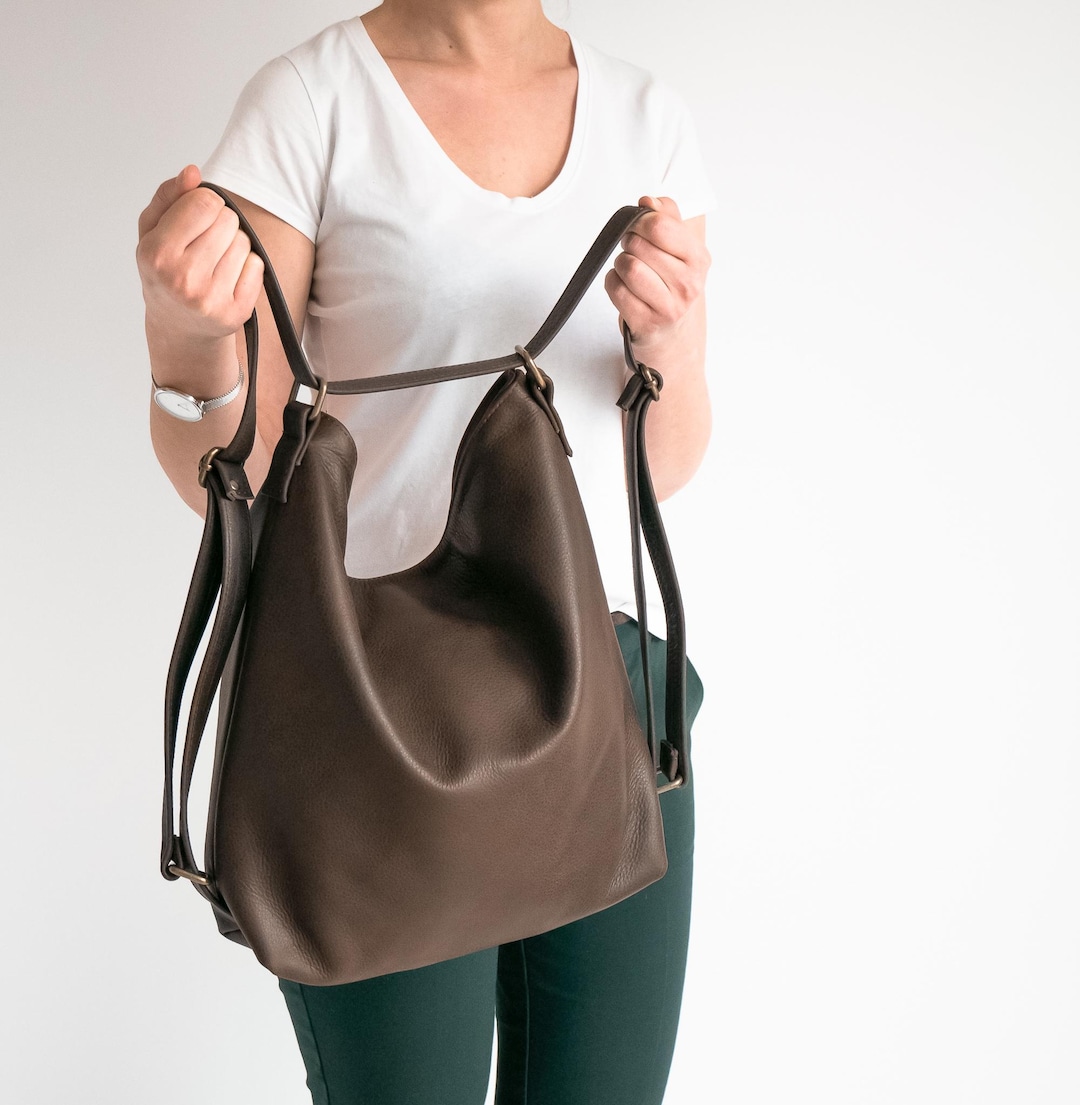 Dark Brown CONVERTIBLE Backpack, Shoulder Bag, Brown Leather Hobo