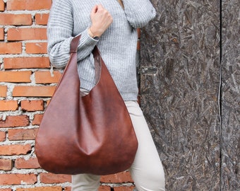 Sac fourre-tout en cuir - Sac à bandoulière oversize MARRON cognac - Porte-monnaie en cuir de tous les jours - Sac à main en cuir souple pour femme