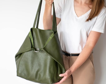 Olive Green Oversized Leather Shopper Bag: Large Everyday Handbag with Cosmetic Pouch, Big Shoulder Bag, XXL Hobo Bag