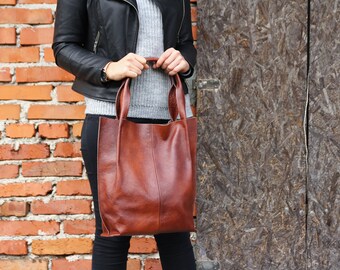 Leather Tote Bag, Cognac Brown Leather Tote, Large Handbag, Leather Shopper Bag, Large Bag, Shoulder Bag, Leather Purse, Gift For Her