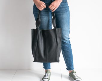 Black Leather Tote Bag, Soft Slouchy Shoulder Purse for Women, Large Minimalist Handbag for Office & Travel, A4 Carryall Bag, Shopper Bag