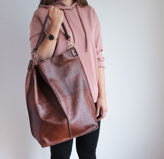 BROWN LEATHER HOBO Bag Oversize Shoulder Bag Everyday 