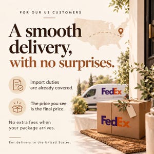 May include: A cardboard shipping box with the FedEx logo sits on a brown doormat. Text reads: FOR OUR US CUSTOMERS, A smooth delivery, with no surprises, Import duties are already covered, The price you see is the final price, No extra fees when your package arrives, For delivery to the United States.