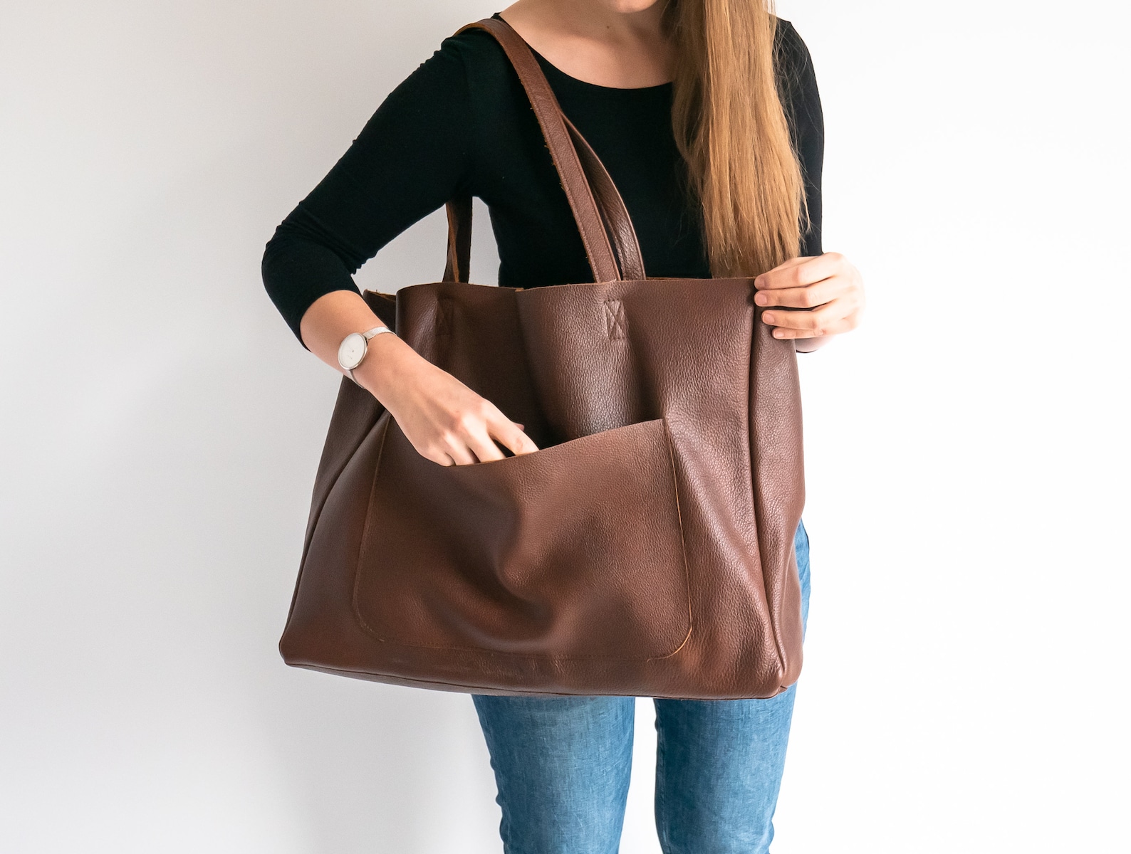 Brown OVERSIZE Leather TOTE Bag Shopping Bag Leather Purse Etsy