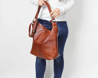 LEATHER HOBO BAG, Cognac Brown Leather Handbag, Everyday Tote Bag, Crossbody Bag, Laptop Leather Shoulder Bag, Leather Bag, Hobo Bag