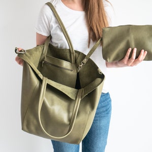 Große Grüne OVERSIZE Einkaufstasche - Olivgrüne Leder SHOPPER Tasche - Oversized Tragetasche, Große Schultertasche - Reisetasche - Einkaufstasche - Geldbörse