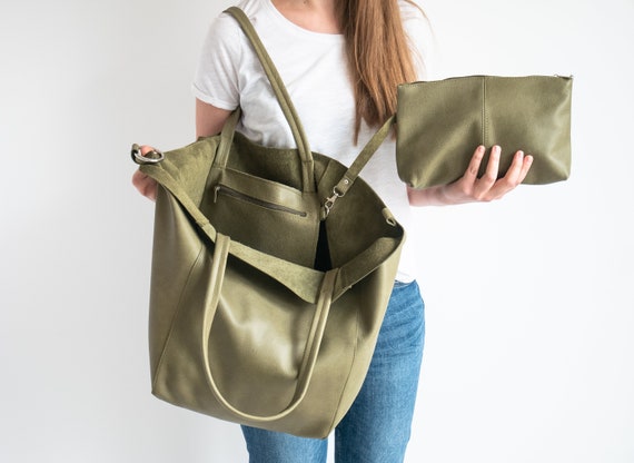 Große Grüne OVERSIZE Shopper Tasche Olive Leder Shopper Tasche