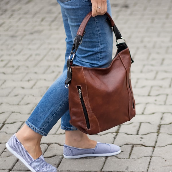 Cognacbruine LEREN HOBO-tas - schoudertas - schoudertas voor dames - leren handtas
