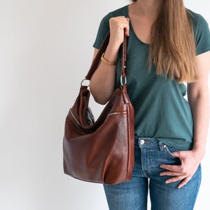 Sac fourre-tout en cuir marron cognac, sac bandoulière marron cognac, sac en cuir naturel de tous les jours, sac à bandoulière souple simple, sac à bandoulière marron