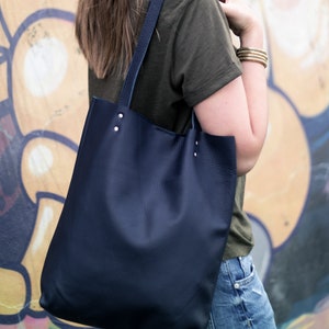 LEATHER TOTE Bag NAVY Leather Purse Natural Leather Book Bag Womens Tote bag Leather Handbag Tote Bag Simple Shoulder Bag image 5