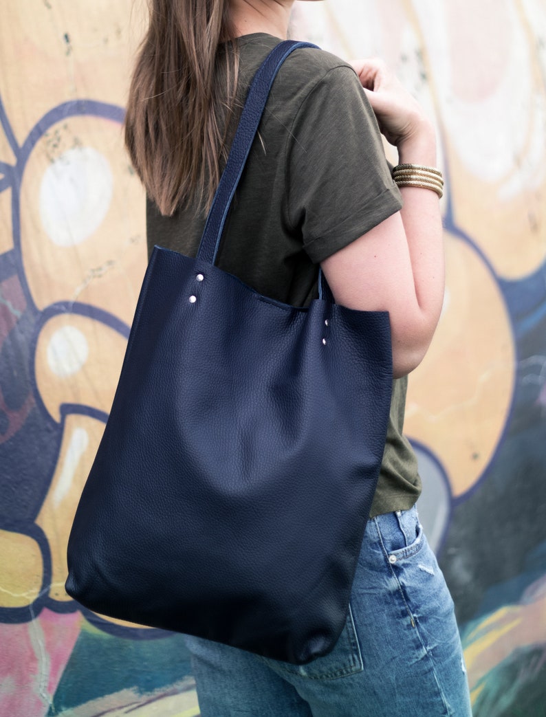 LEATHER TOTE Bag NAVY Leather Purse Natural Leather Book Bag Womens Tote bag Leather Handbag Tote Bag Simple Shoulder Bag image 5