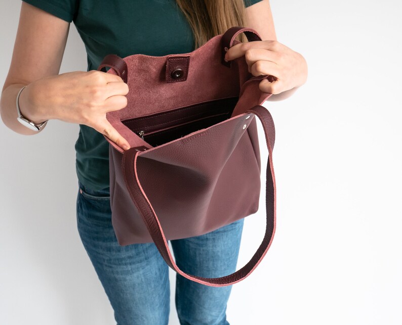 Burgundy LEATHER TOTE Bag - Red Leather Purse - Natural Leather Book Bag - Womens Tote bag - Leather Handbag - Tote Bag - Simple Bag image 8