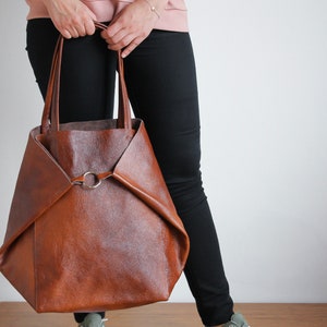 Cognac BROWN OVERSIZE SHOPPER Bag Large Leather Tote Bag Big Shoulder Bag, Travel Bag, Shopping Bag Oversized Tote Everyday Purse image 4