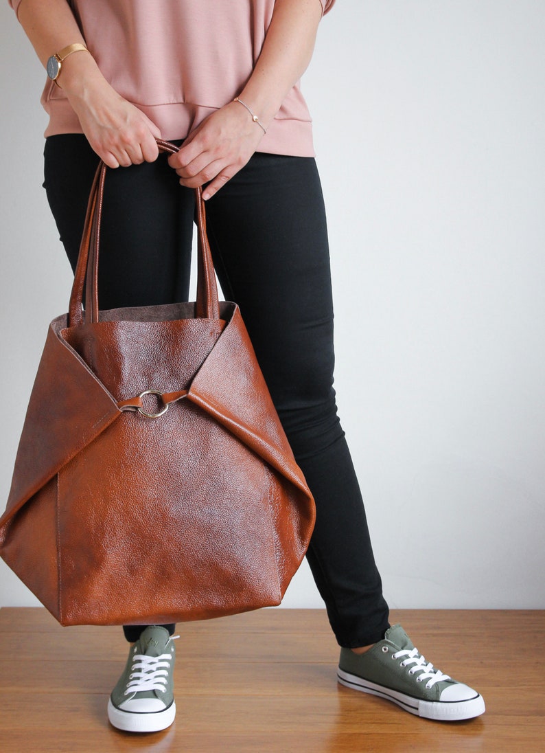 Cognac BROWN OVERSIZE SHOPPER Bag Large Leather Tote Bag Big Shoulder Bag, Travel Bag, Shopping Bag Oversized Tote Everyday Purse image 4