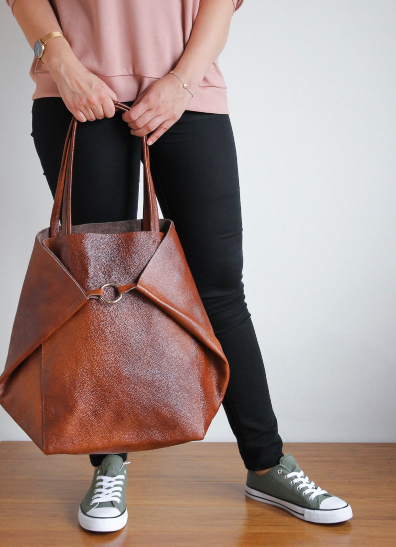 Cognac BROWN OVERSIZE SHOPPER Bag Large Leather Tote Bag Etsy