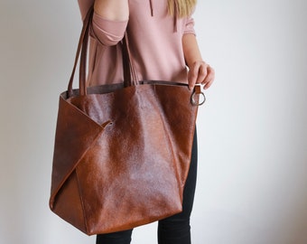 Large BROWN OVERSIZE Tote Bag - Cognac Leather SHOPPER Bag, Oversized Tote, Big Shoulder Bag, Travel Bag - Shopping Bag - Everyday Purse