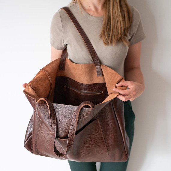 Brown OVERSIZE Leather TOTE Bag, Shopping Bag, Leather Purse, Big Shoulder Bag, Leather Everyday Tote, Extra Large Tote, Cognac Brown