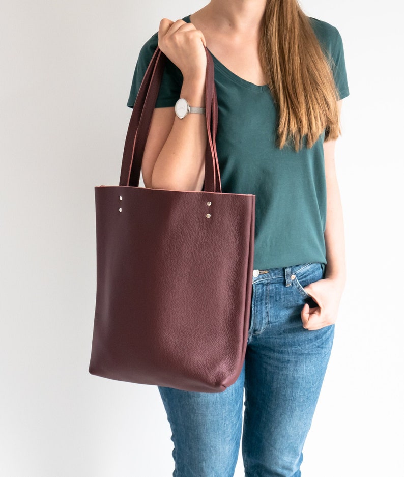 Burgundy LEATHER TOTE Bag - Red Leather Purse - Natural Leather Book Bag - Womens Tote bag - Leather Handbag - Tote Bag - Simple Bag image 1