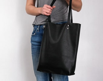 LEDERTASCHE - SCHWARZE Ledertasche - Naturleder Buchtasche - Damen Tasche - Leder Handtasche - Tote Bag - Einfache Schultertasche