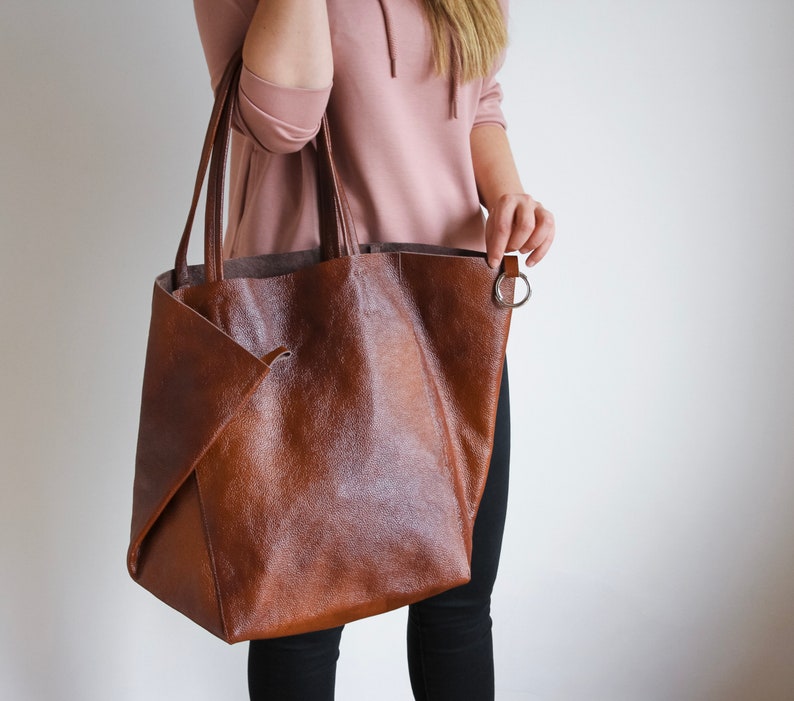 Cognac BROWN OVERSIZE SHOPPER Bag Large Leather Tote Bag Big Shoulder Bag, Travel Bag, Shopping Bag Oversized Tote Everyday Purse image 5