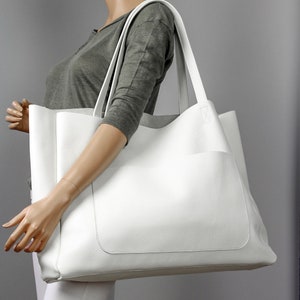 WEISSE GROSSE Schultertasche, Oversize-Ledertasche, große Ledertasche für jeden Tag, Ledertasche, große Schultertasche, weiße Handtasche, einfache Tasche