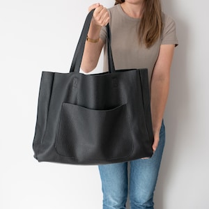 BLACK OVERSIZE Leather TOTE Bag, Shopping Bag, Leather Purse, Big Shoulder Bag, Leather Bag, Everyday Tote, Extra Large Tote, Laptop Bag