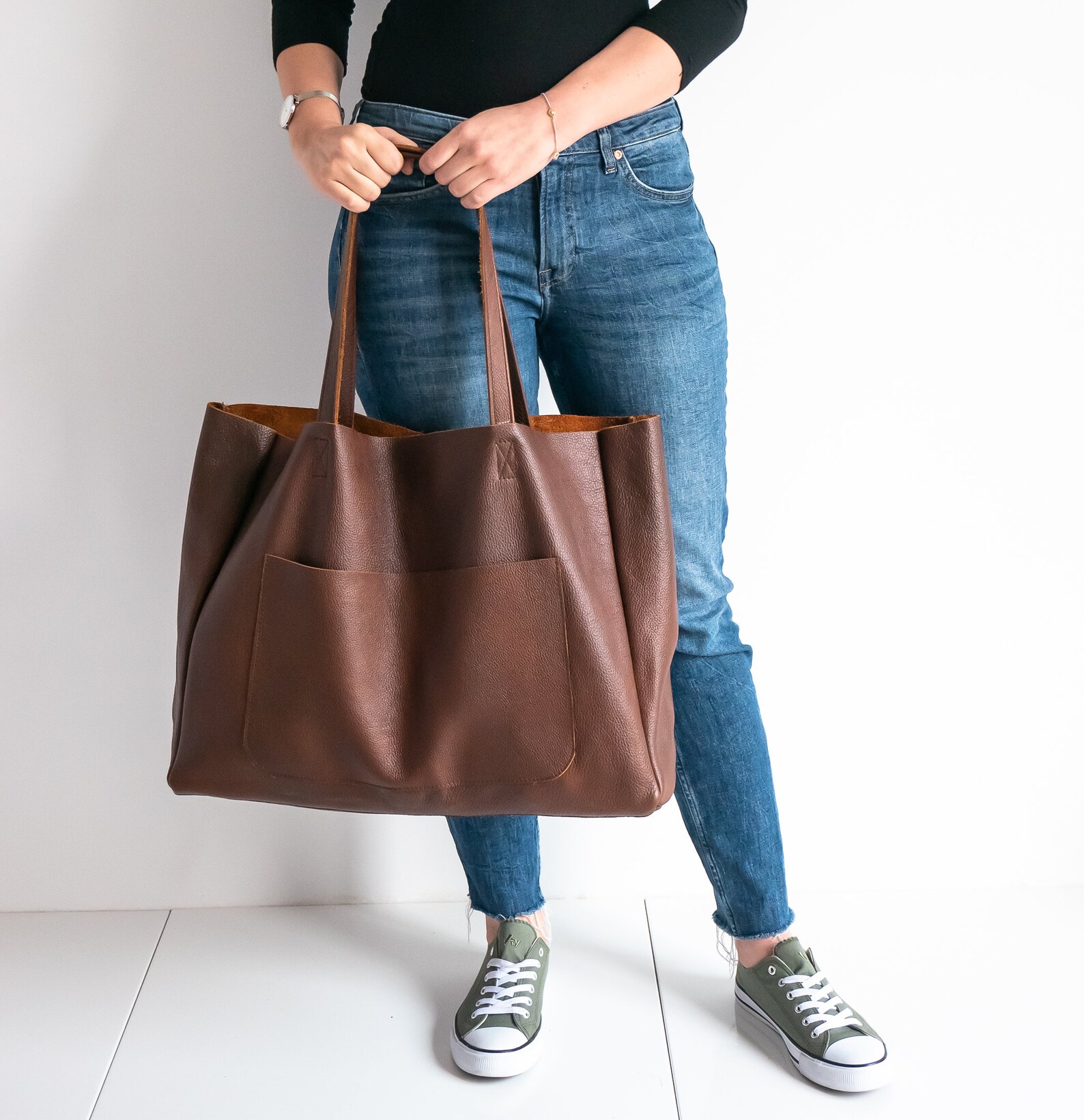 Brown OVERSIZE Leather TOTE Bag Shopping Bag Leather Purse Etsy