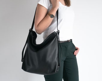 BLACK CONVERTIBLE Rucksack, Umhängetasche, Leder BACKPACK Geldbörse, Naturleder Hobo Bag, Crossbody Lederhandtasche, Schultasche