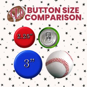 Peut inclure: Comparaison de tailles de boutons. L'image pr&eacute;sente un bouton rouge (5,7 cm), un bouton bleu (7,6 cm), une canette de soda, un ballon de football am&eacute;ricain et une balle de baseball. Texte: 'Comparaison de tailles'.