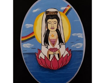Buddhist Goddess Guan Yin-Hand painted wood altar plaque-Available with or without white and pink chime candles