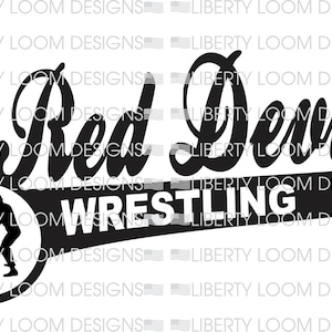 May include: Black and white graphic design with the text "Red Devil Wrestling" in a bold, stylized font. A circle with a silhouette of two wrestlers is in the lower left corner.