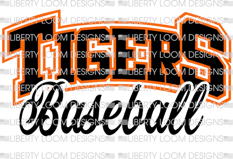 May include: Black and orange "TIGERS" text with a white outline, arched over the word "Baseball" in black script.