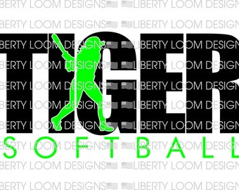 May include: Black and green graphic design with the word "TIGER" in large black letters and the word "SOFTBALL" in smaller green letters. A green silhouette of a softball player is holding a bat and is positioned between the words "TIGER" and "SOFTBALL".