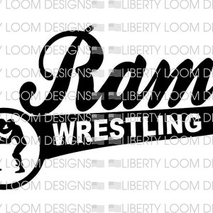 May include: Black and white graphic design with the text "Ram Wrestling" in a bold, stylized font. A circle with a silhouette of two wrestlers is on the left side of the design.