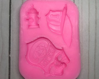 First Responder Silicone Mold – Police Badge, Fire Hydrant & Firefighter Hat Designs